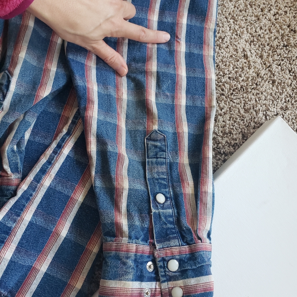 Slim Fit LRG Wrangler Mens Red White Blue Denim Plaid Button Up Western Shirt - Picture 12 of 14